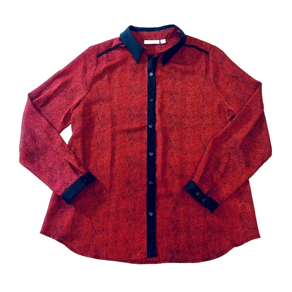 SUSAN GRAVER Semi Sheer Button Down Blouse Top Red Black Print Women's Size 12